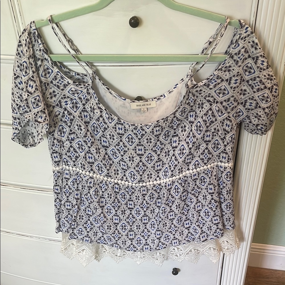 Boho Blue and White Women's Top